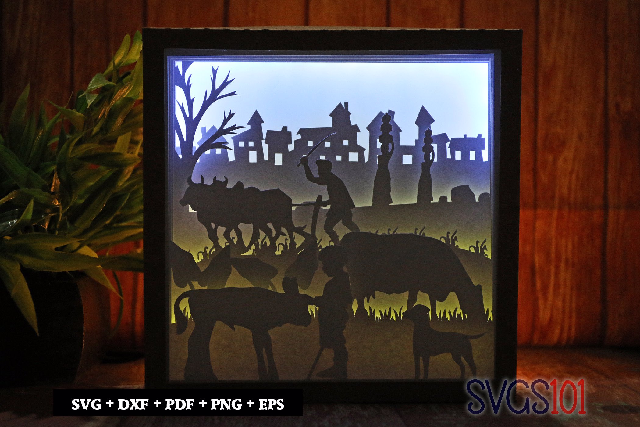 Cow Eating Grass Village Paper 3D Shadow Box SVG 8x8 12x12