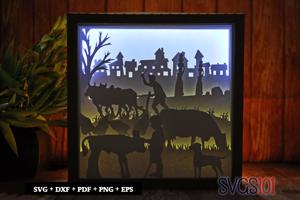 Cow Eating Grass Village Paper 3D Shadow Box SVG 8x8 12x12