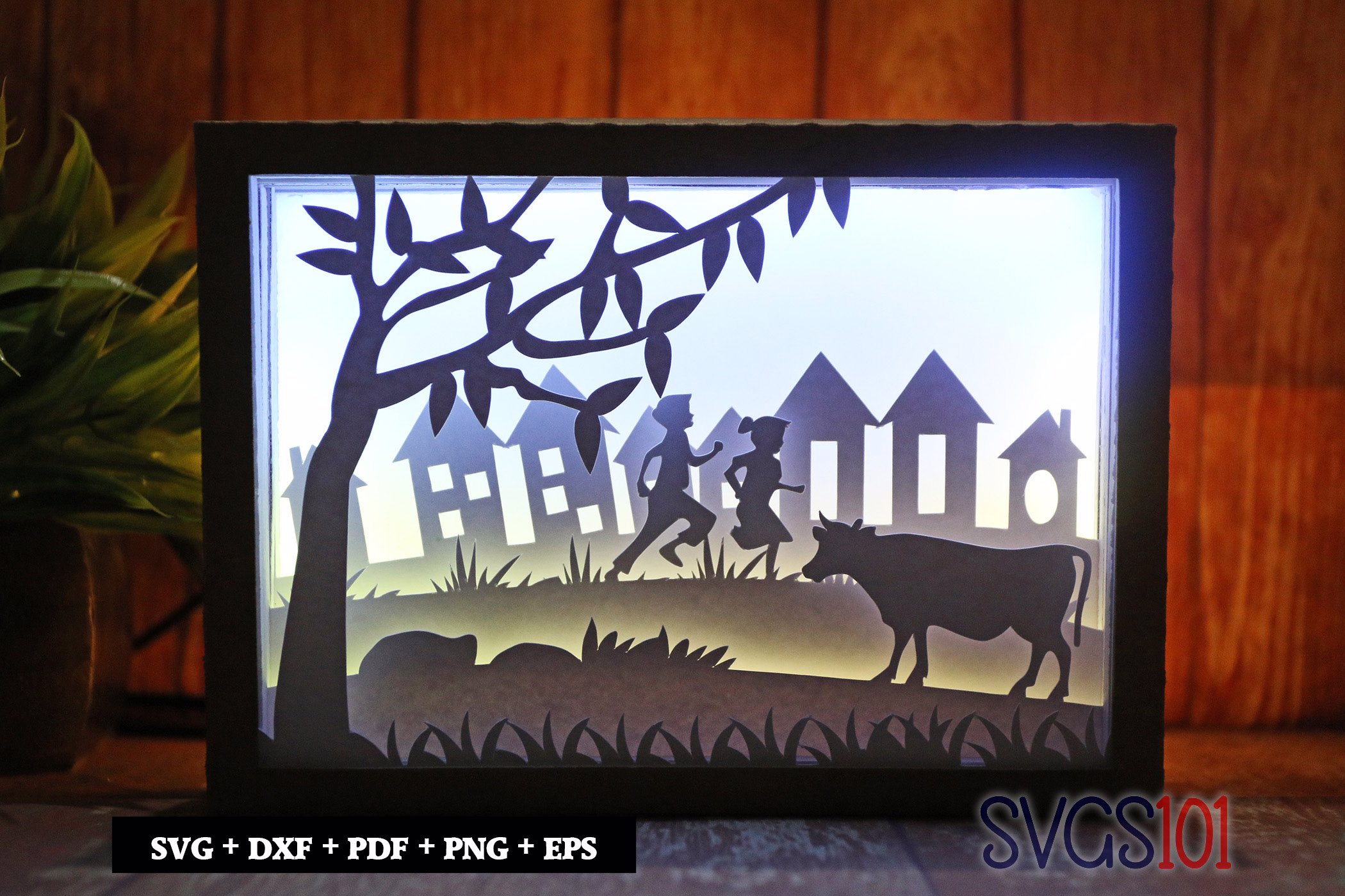 Kids Playing near a Farm House Light Box SVG 5x7 Landscape