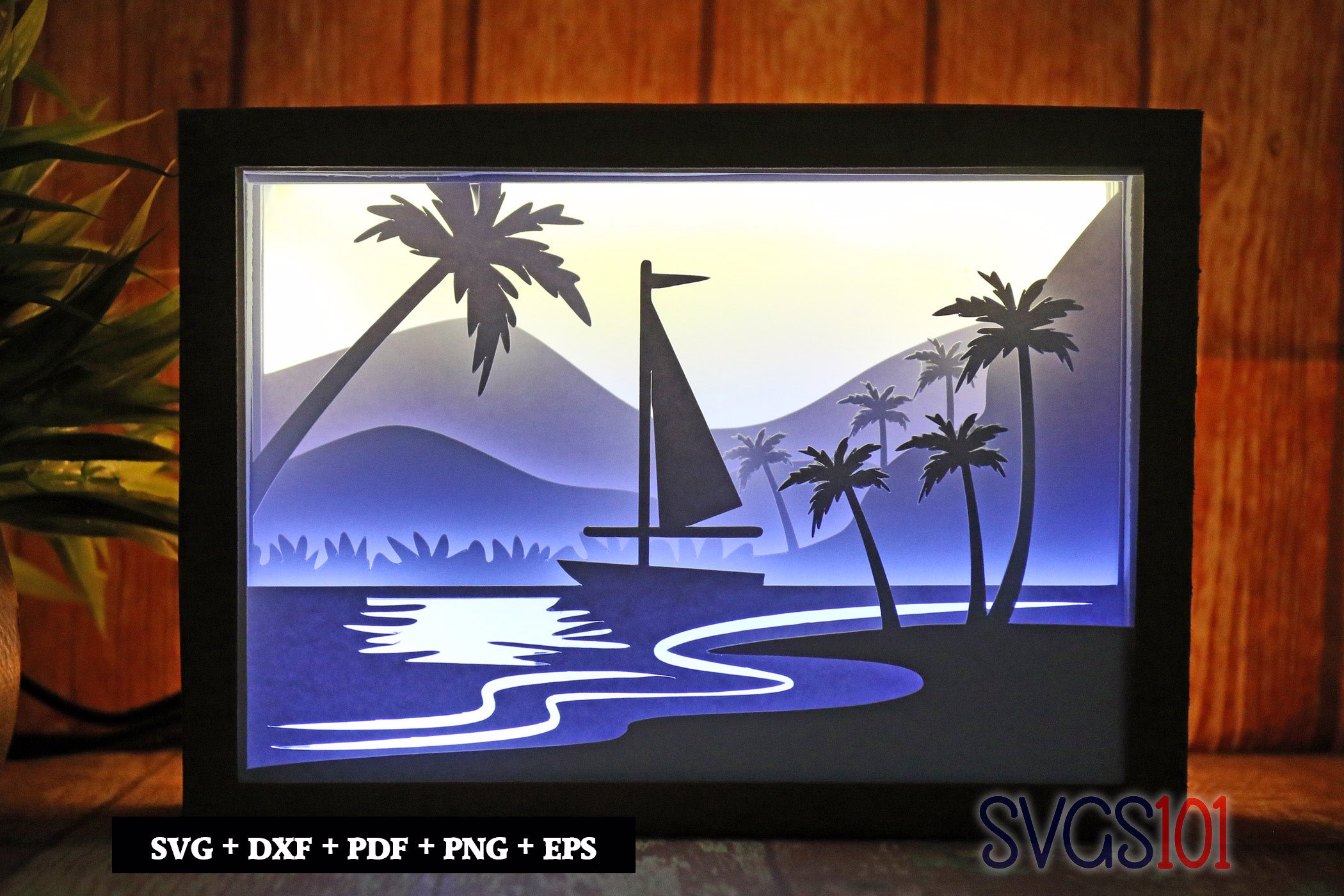 Beach with Palm Tree Shadow Box SVG 5x7
