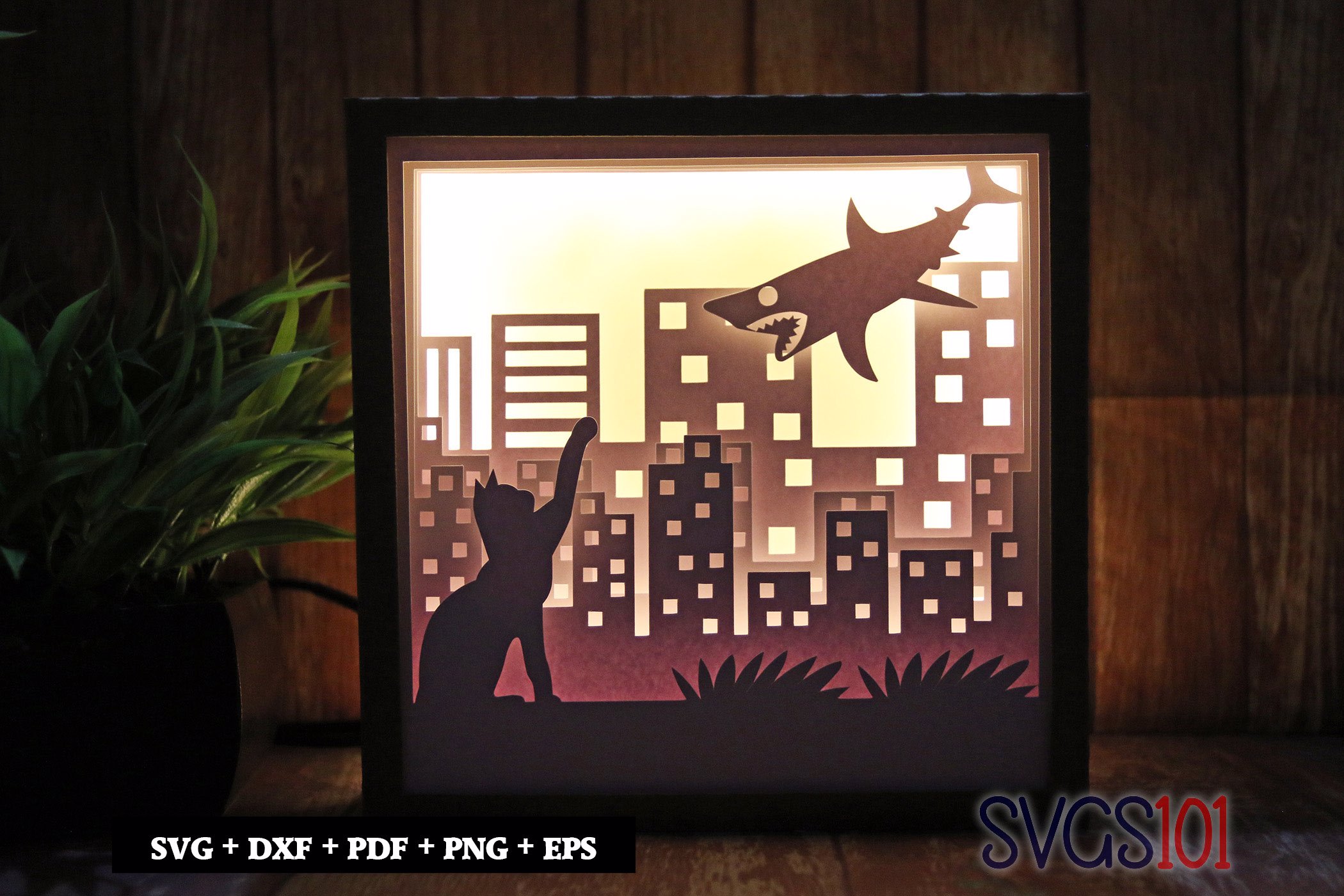 Cat and Shark Shadow Box Light Box 8x8, 12x12