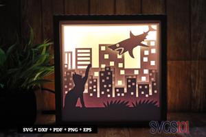 Cat and Shark Shadow Box Light Box 8x8, 12x12