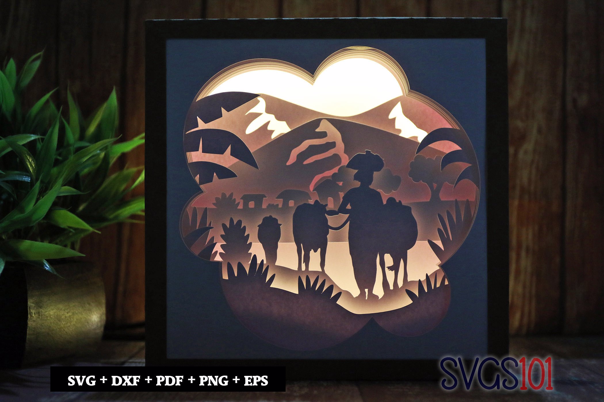 Village Women with cattle Shadow Box Light Box 8x8, 12x12