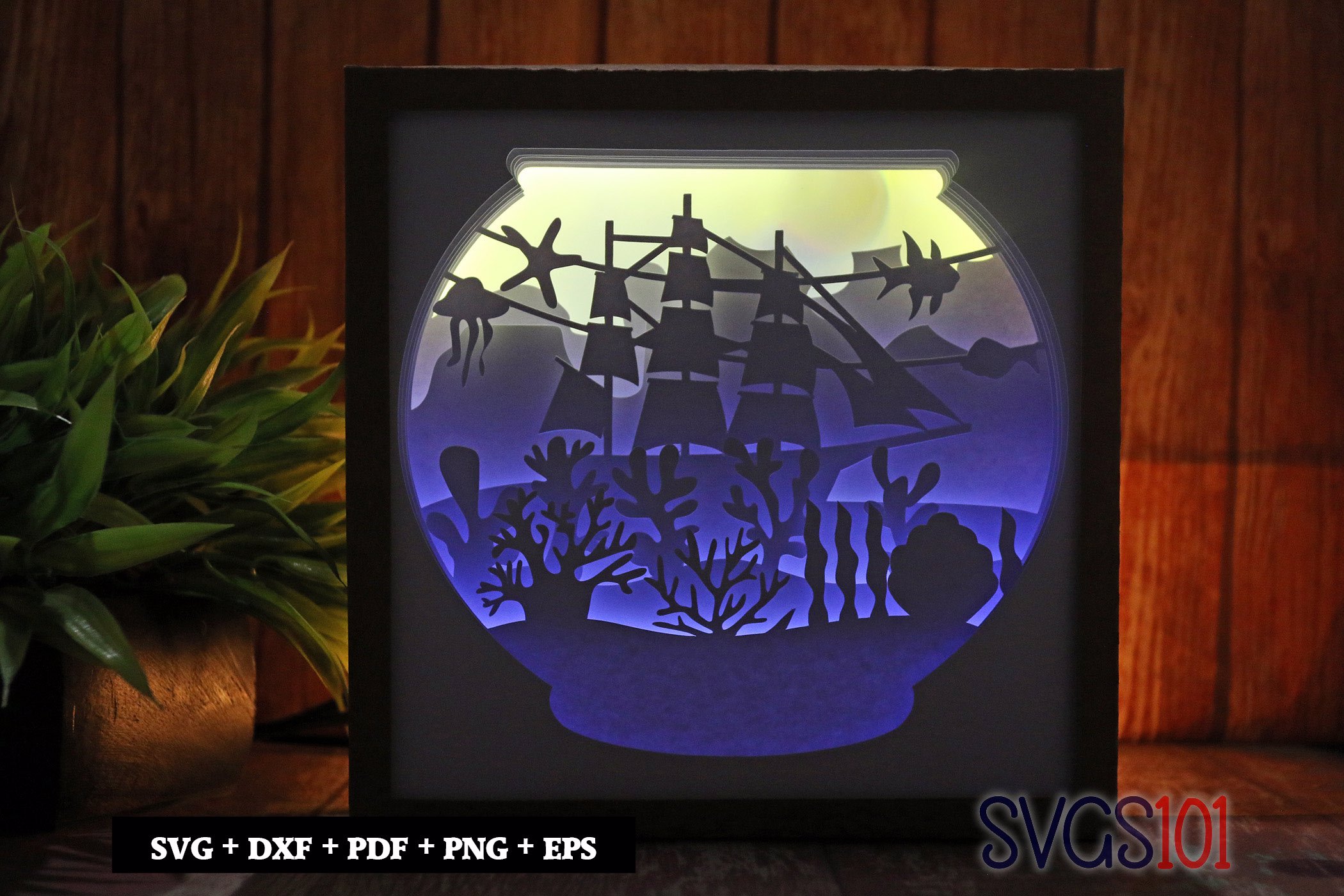 Ship in Fish Bowl DIY Shadow Box Light Box 8x8, 12x12