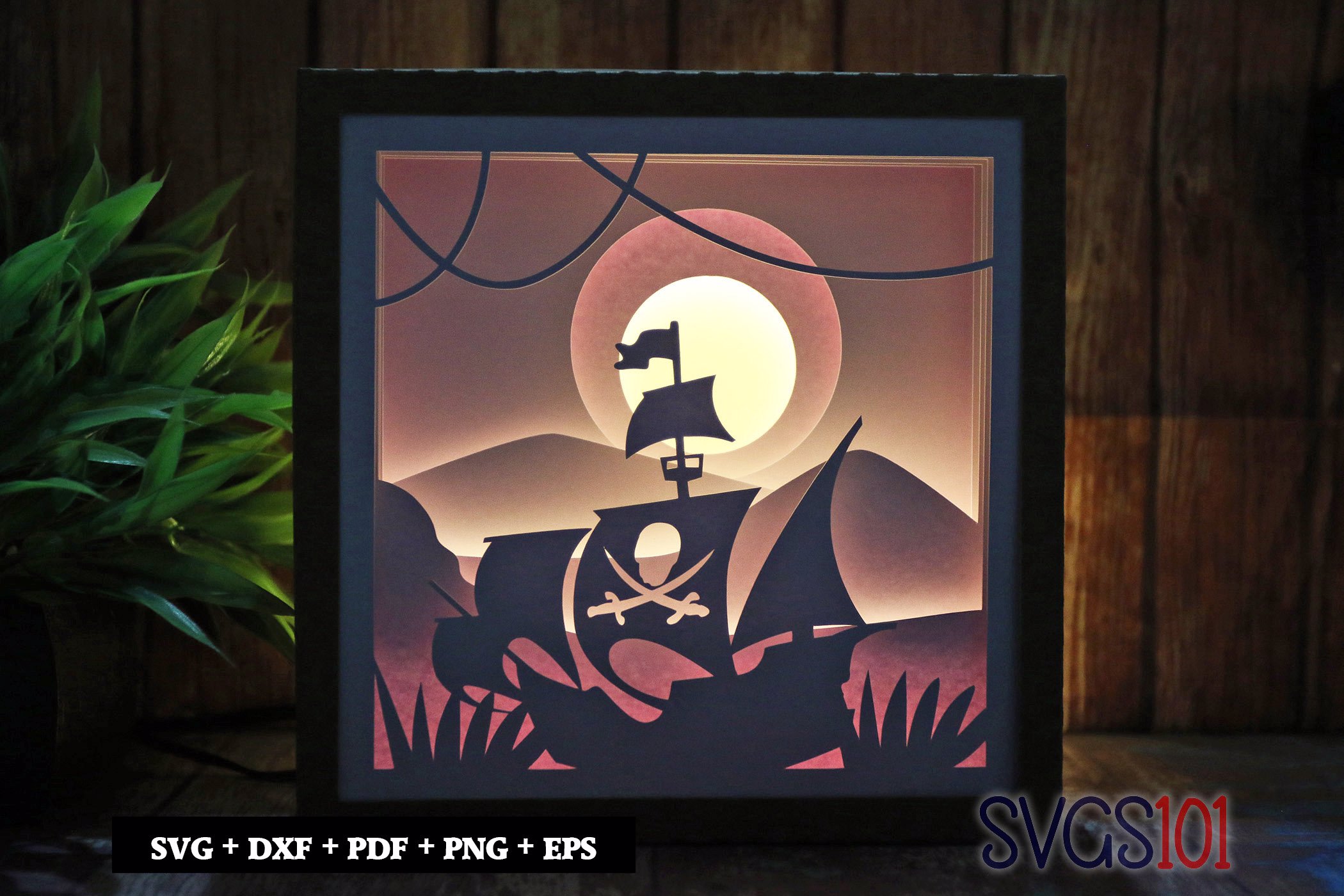 Pirate Ship in Sunset DIY Shadow Box Light Box 8x8, 12x12