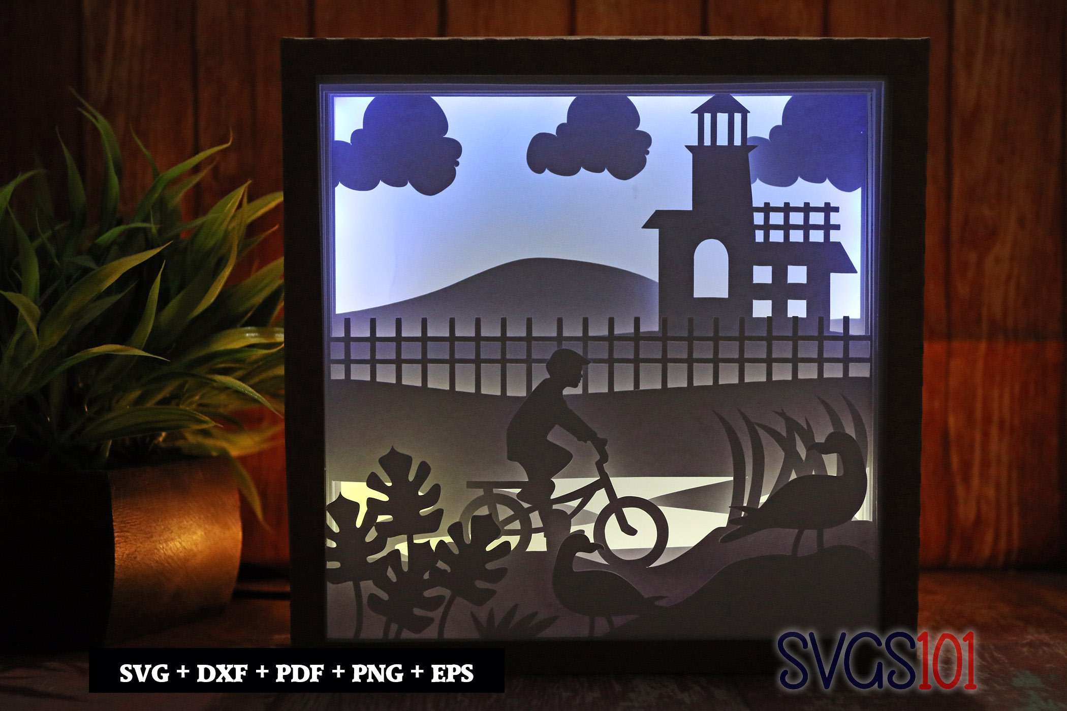 Boy Riding Cycle Near Light House  Paper 3D Shadow Box SVG 8x8 12x12