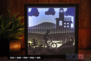 Boy Riding Cycle Near Light House  Paper 3D Shadow Box SVG 8x8 12x12