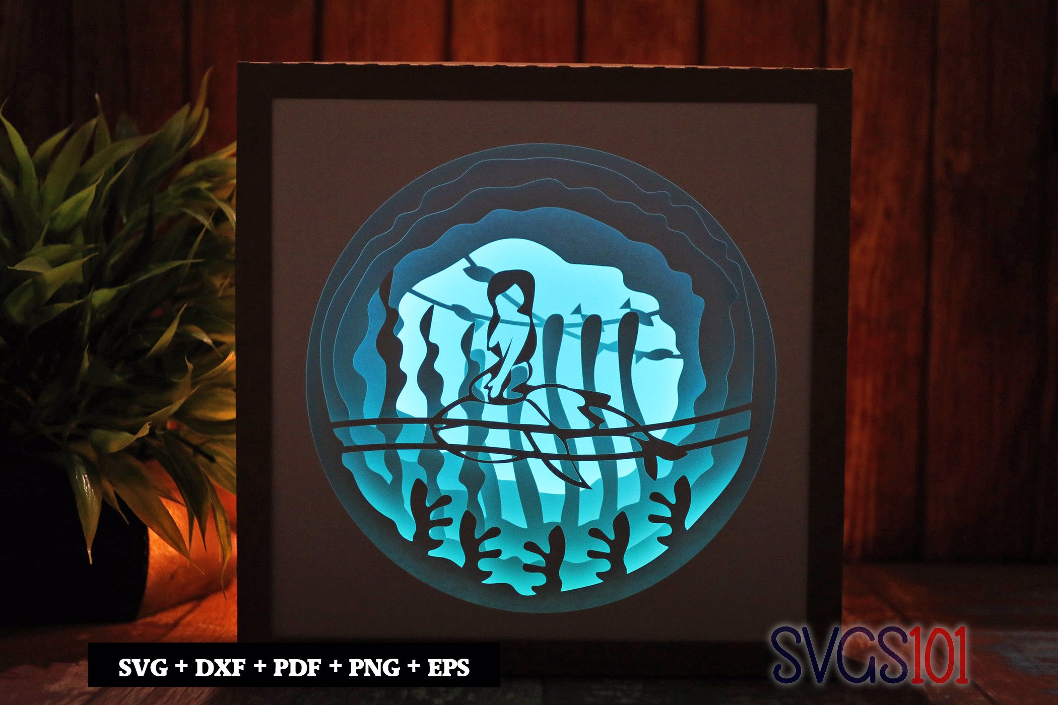 Mermaid Riding Shark Square Shadow Box SVG 8x8 10x10 12x12