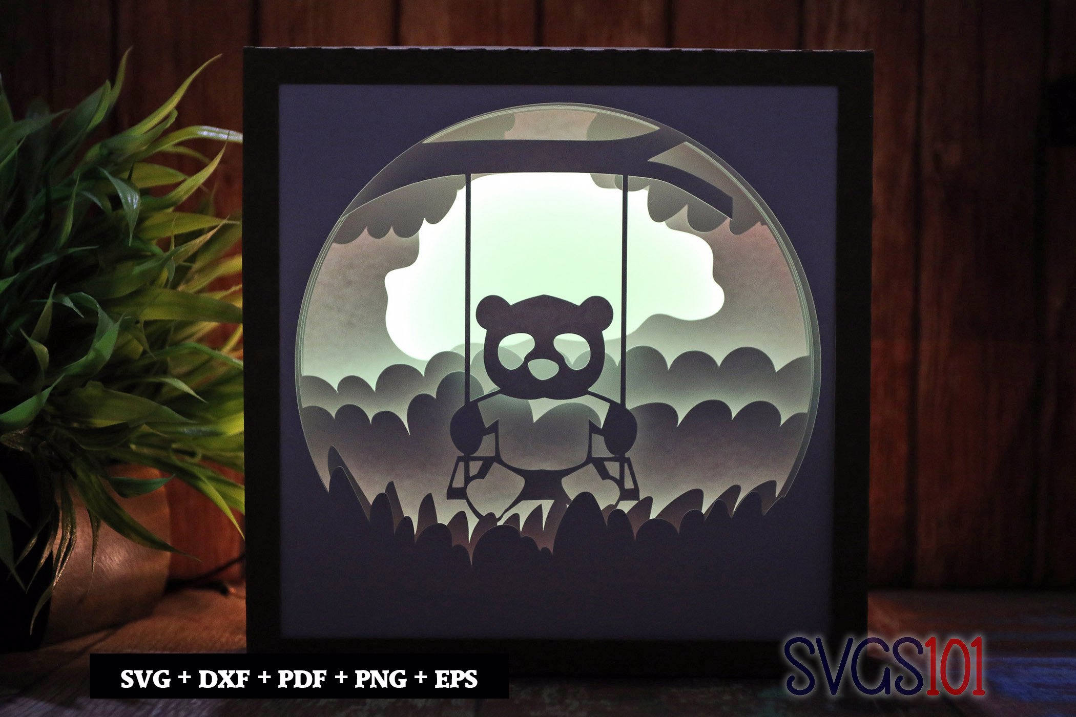 Panda on Tree Swing LED Light Box Shadow Box Square 8x8, 12x12