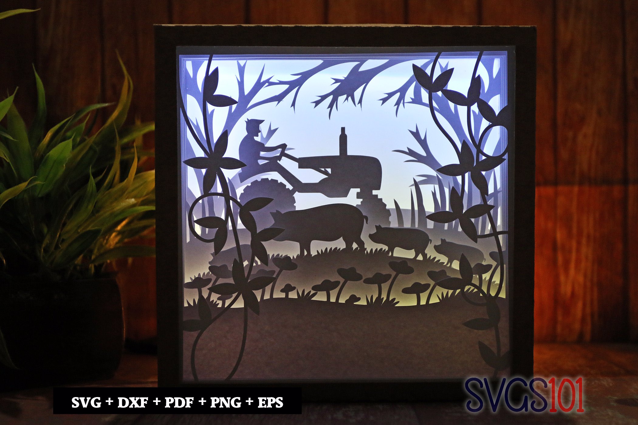 Farm Tractor with Pigs Paper 3D Shadow Box SVG 8x8 12x12