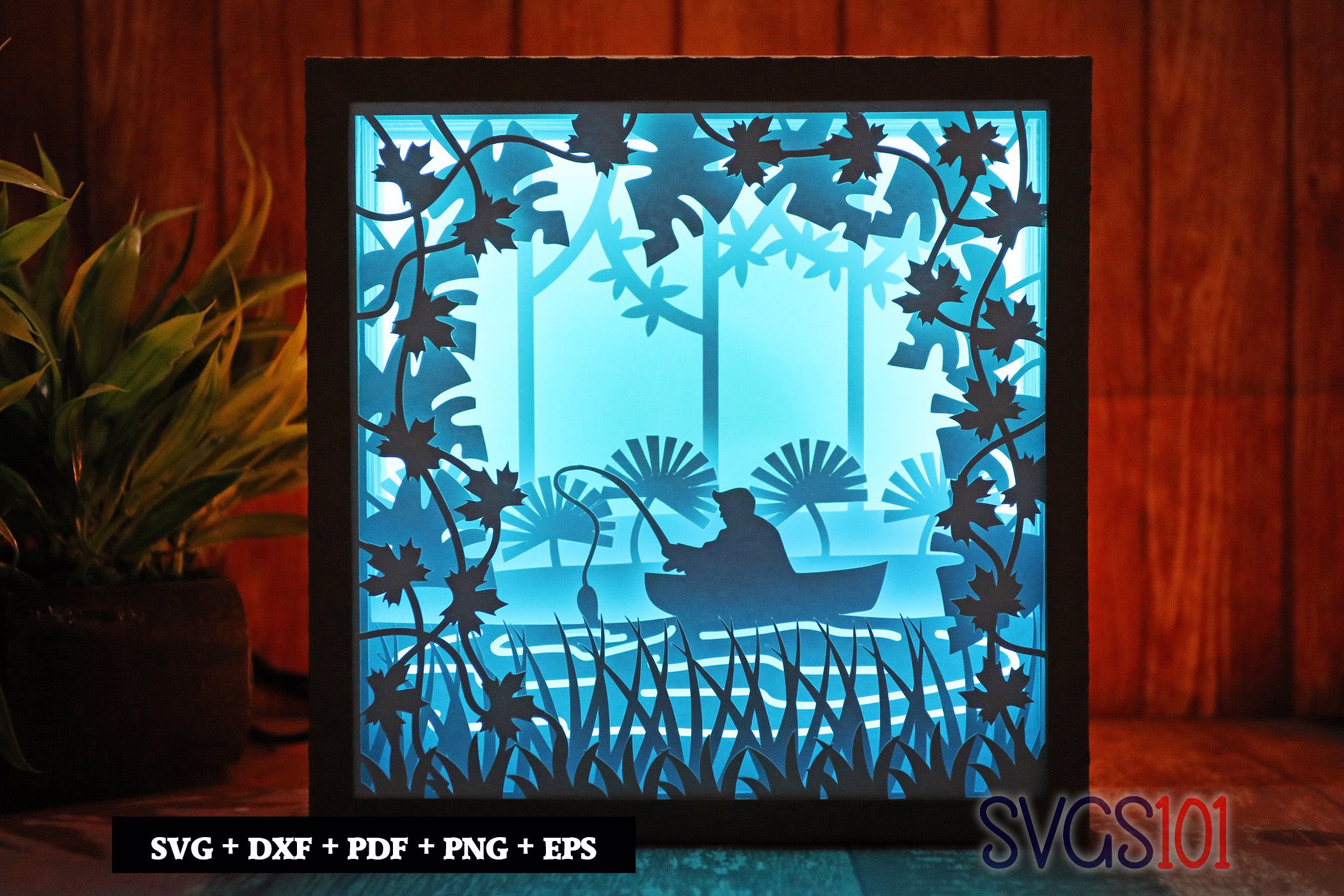 Fishing in Boat LED Light Box Shadow Box Square 8x8, 12x12