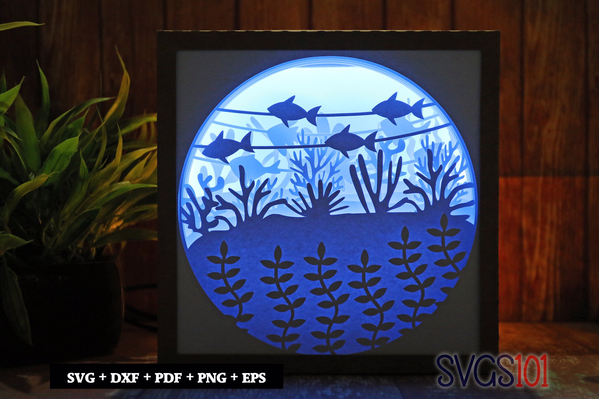 Fish in Aquarium Paper 3D Shadow Box SVG 8x8 12x12