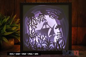 Ship and Jellyfish Shadow Box Light Box 8x8, 12x12