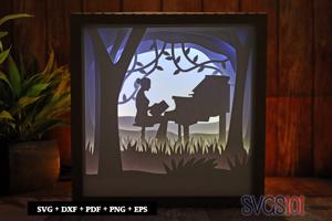 Stylish Girl Playing Piano Paper 3D Shadow Box SVG 8x8 12x12
