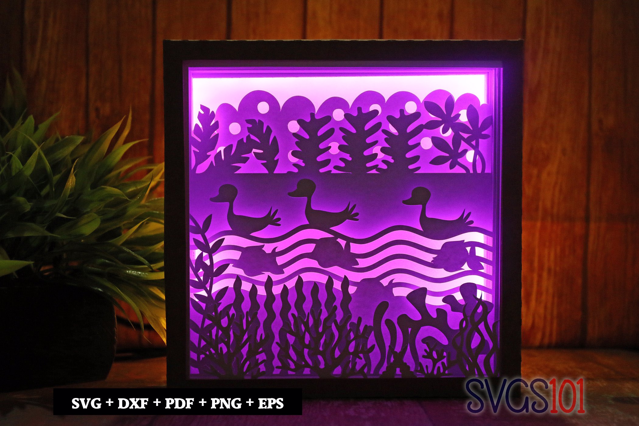 Swans and Fishes in Lake Shadow Box Light Box 8x8, 12x12