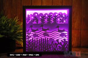 Swans and Fishes in Lake Shadow Box Light Box 8x8, 12x12