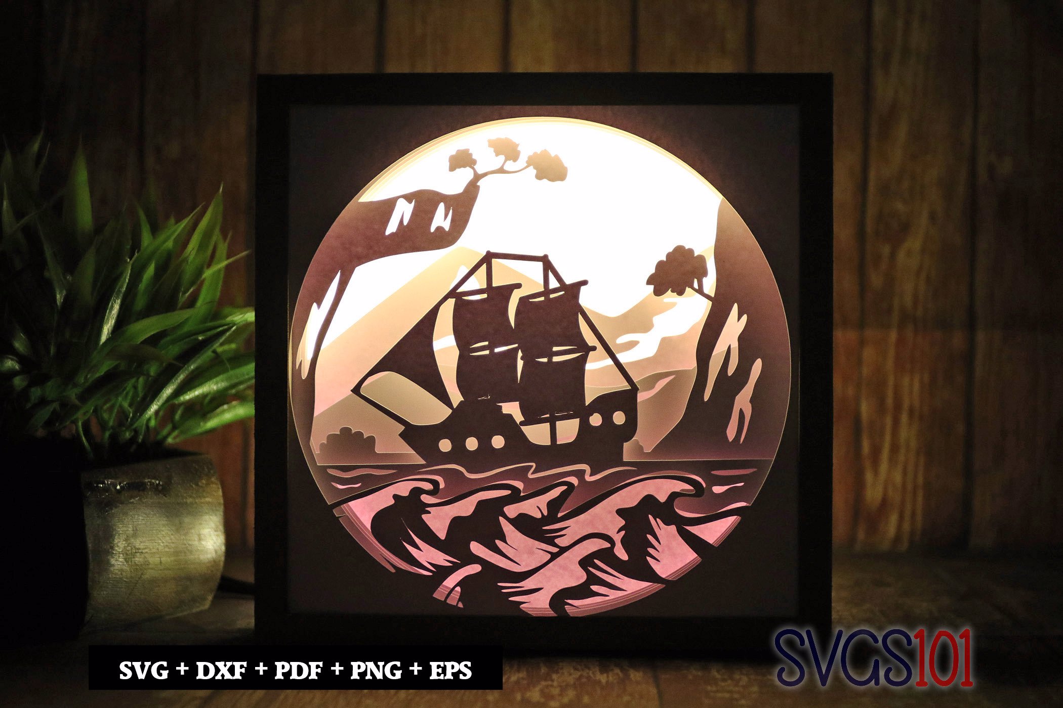 Sail ship in ocean Square Shadow Box SVG 8x8 10x10 12x12