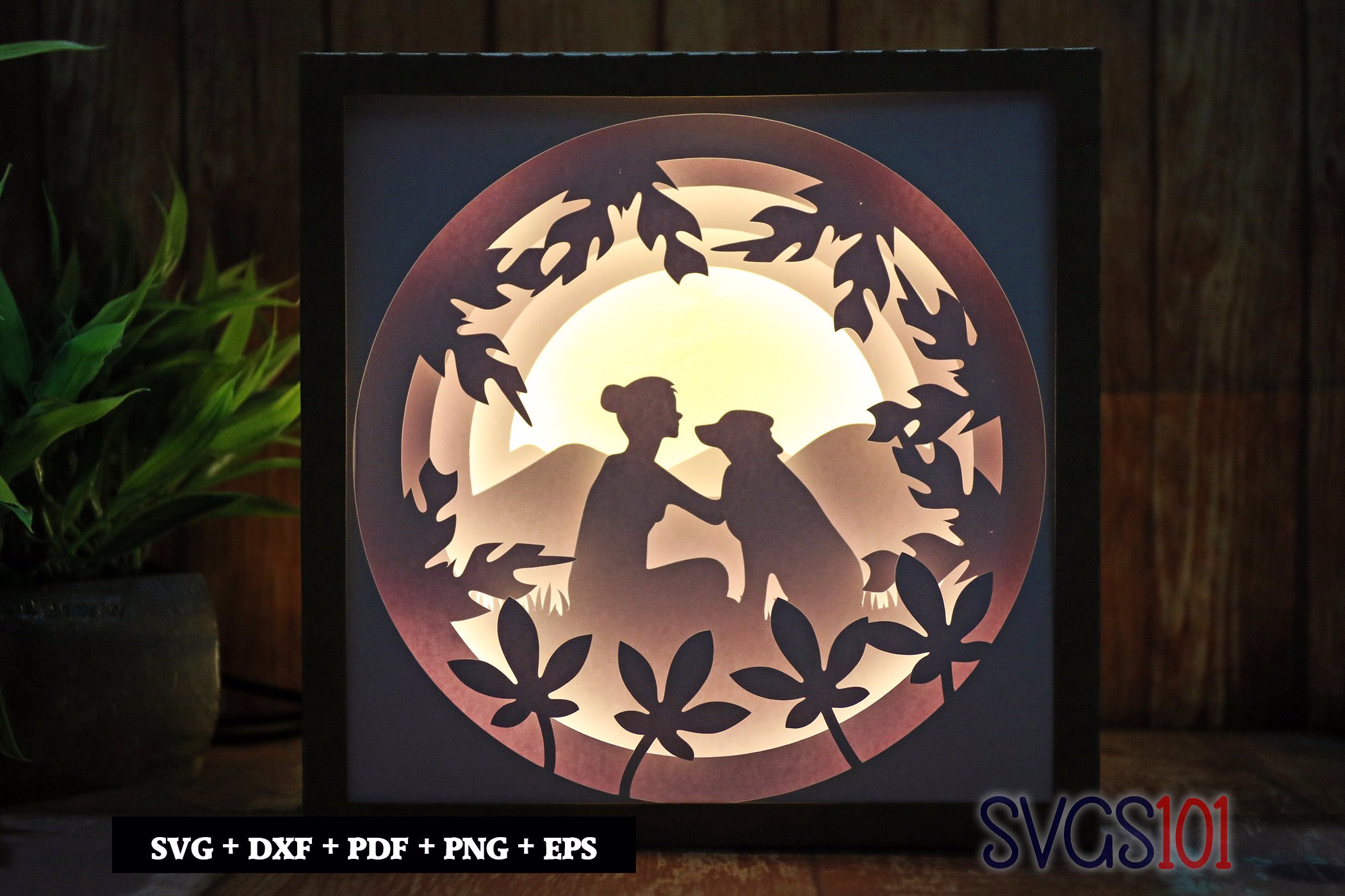Pretty Girl Petting a Dog LED Light Box Shadow Box Square 8x8, 12x12