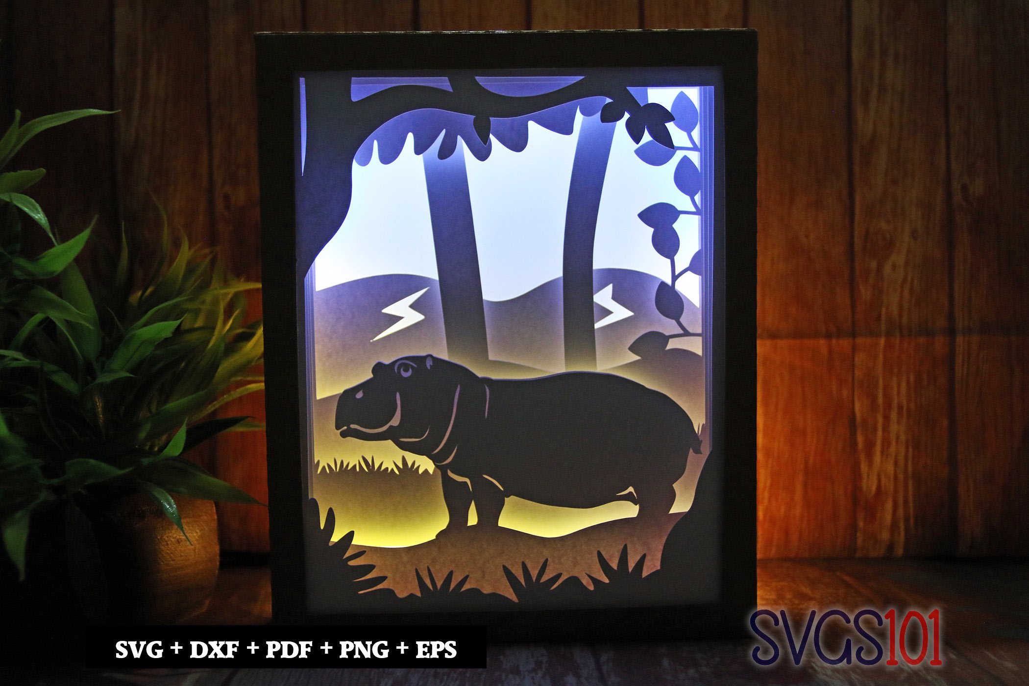 Hippo in Jungle Paper 3D Shadow Box SVG 8x10