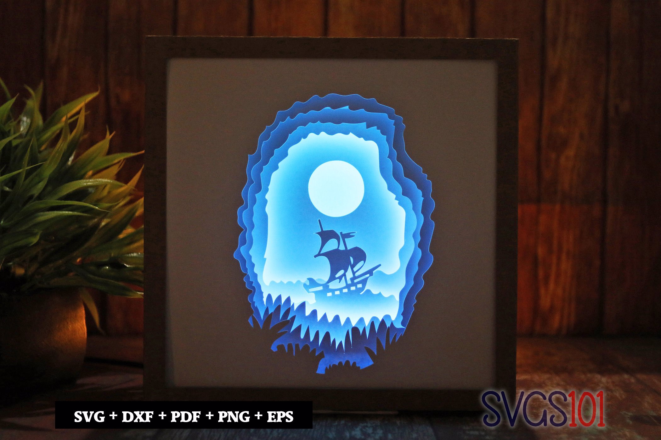 Ship in Ocean Paper 3D Shadow Box SVG 8x8 12x12