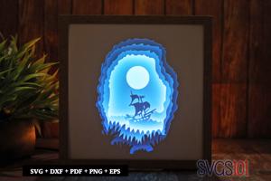 Ship in Ocean Paper 3D Shadow Box SVG 8x8 12x12