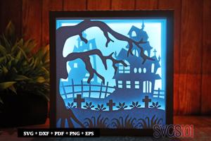 Halloween Ghost House Shadow Box Light Box 8x8, 12x12