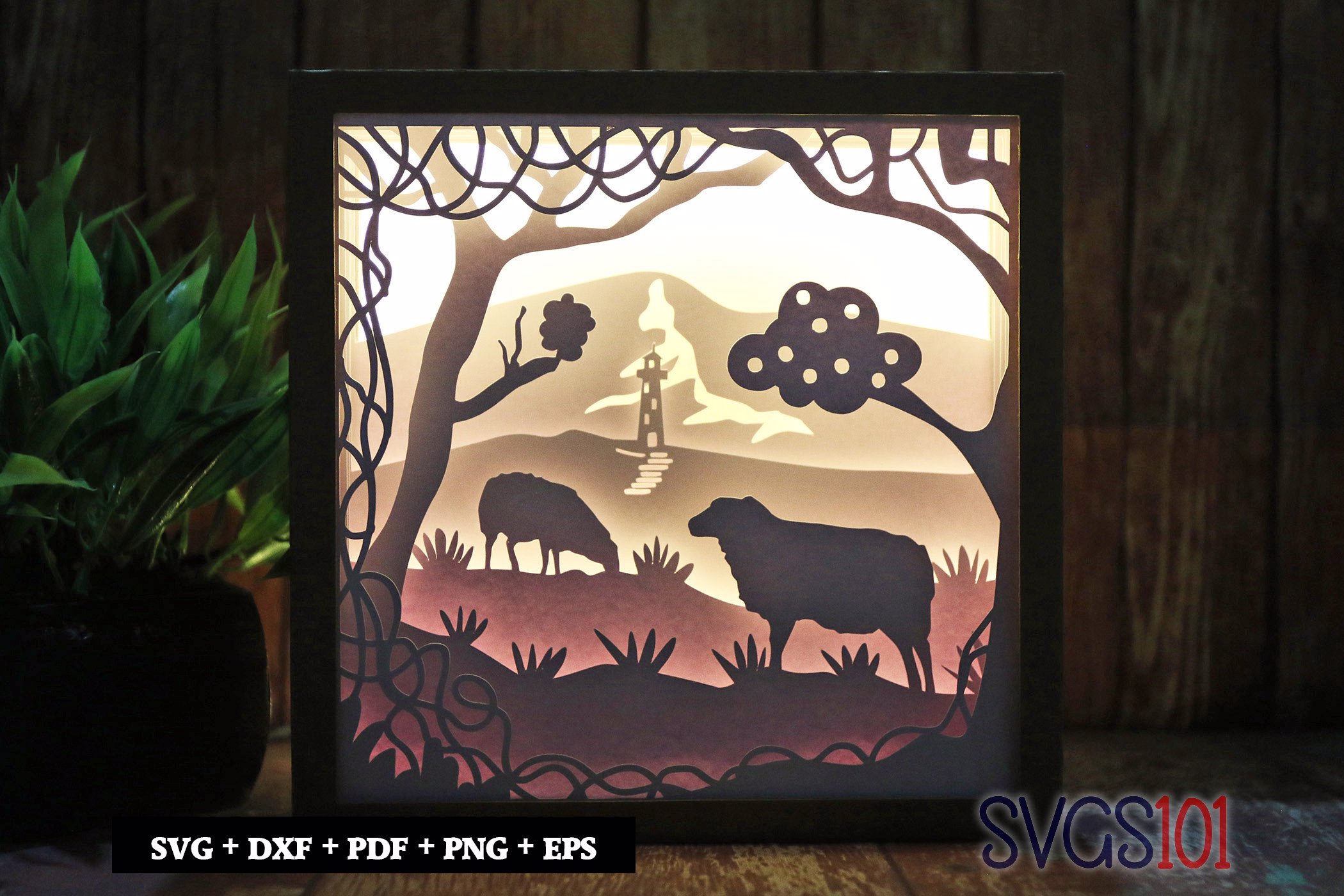Sheep and Lighthouse Shadow Box Light Box 8x8, 12x12