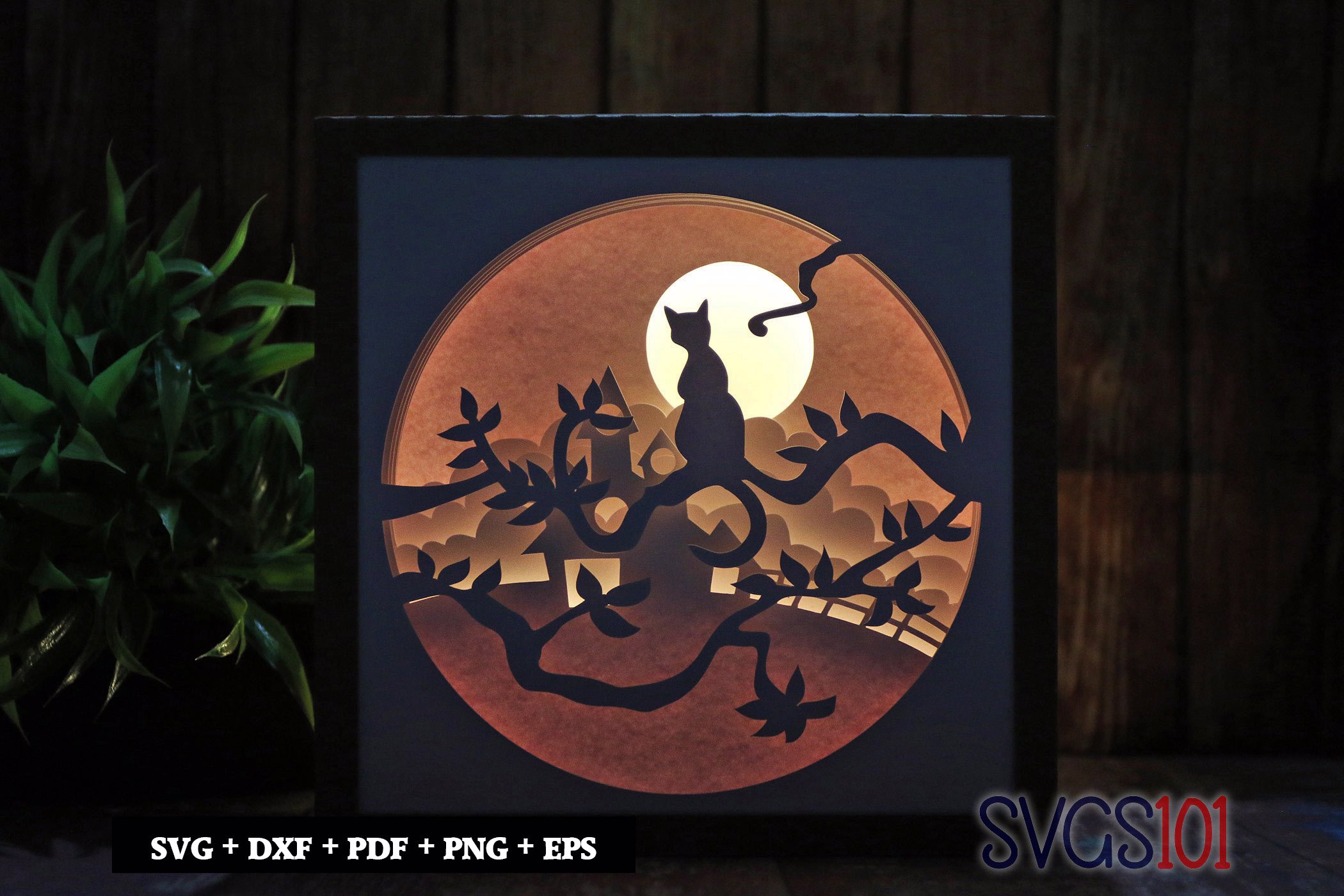 Cat Night Scene DIY Shadow Box Light Box 8x8, 12x12