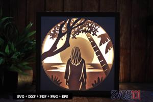Girl Watching Moon LED Light Box Shadow Box Square 8x8, 12x12