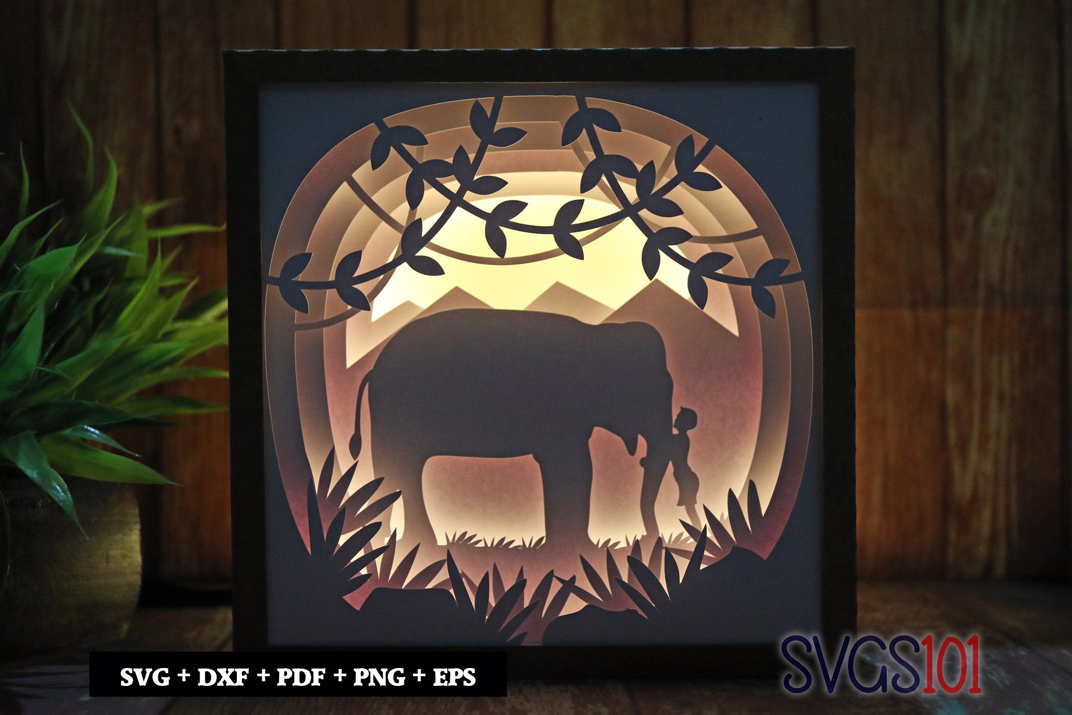 Little Boy Kissing Elephant Square Shadow Box SVG 8x8 10x10 12x12