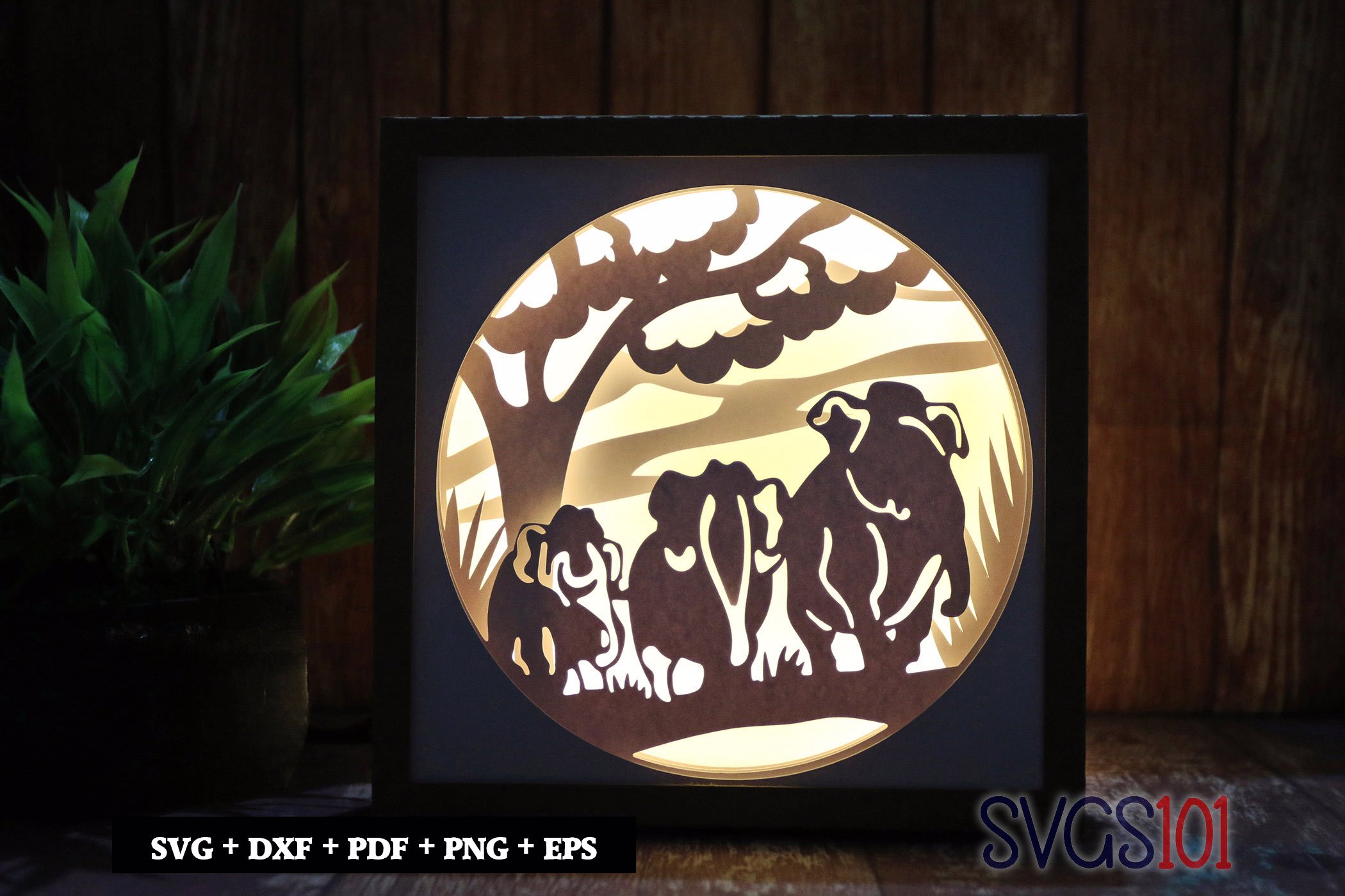 Elephants Walking LED Light Box Shadow Box Square 8x8, 12x12