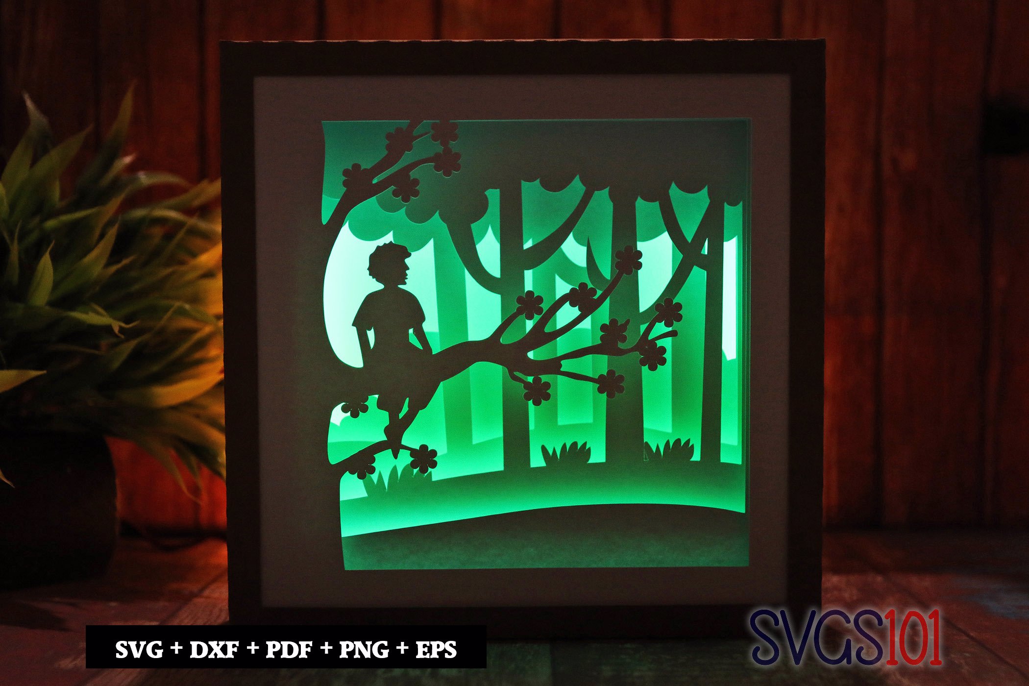 Boy Sitting on Tree Shadow Box Light Box 8x8, 12x12