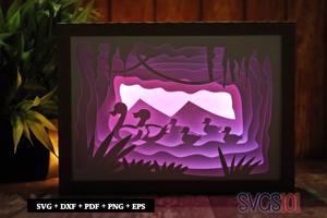 Duck and Ducklings in the Lake Paper 3D Shadow Box SVG 5x7