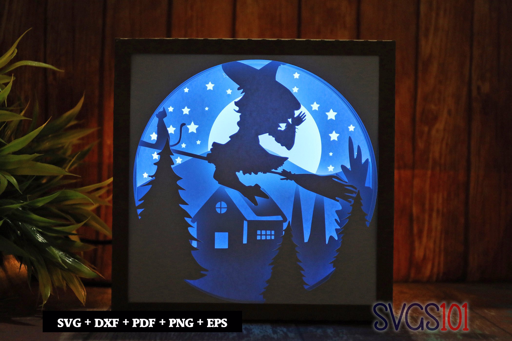 Witch Flying on Broomstick LED Light Box Shadow Box Square 8x8, 12x12