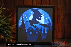 Witch Flying on Broomstick LED Light Box Shadow Box Square 8x8, 12x12