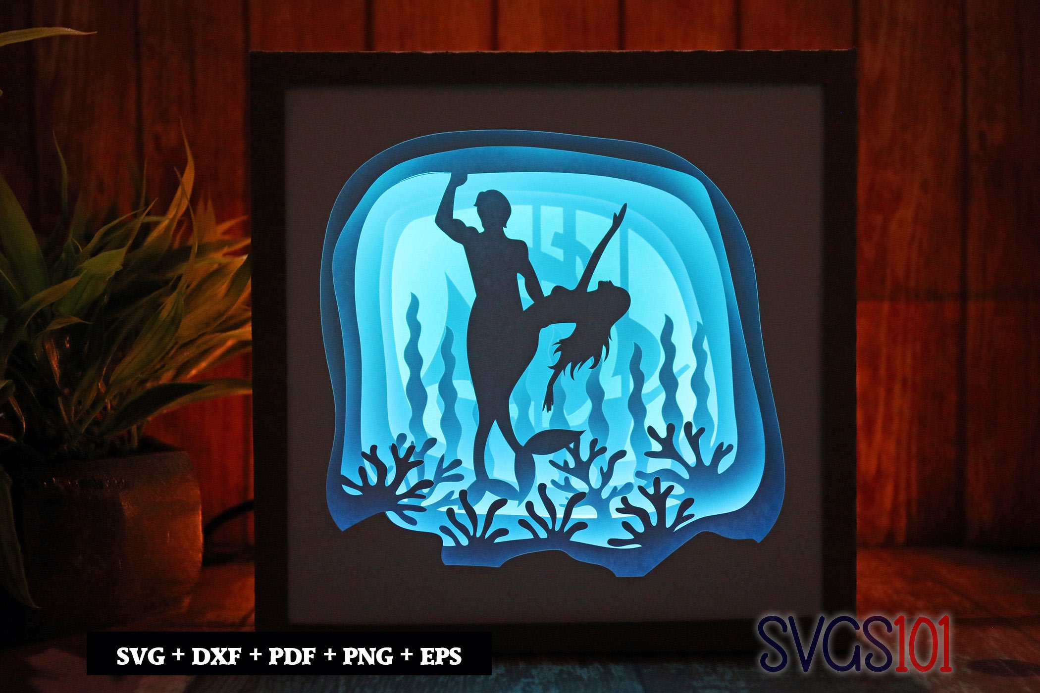 Mermaid Couple LED Light Box Shadow Box Square 8x8, 12x12