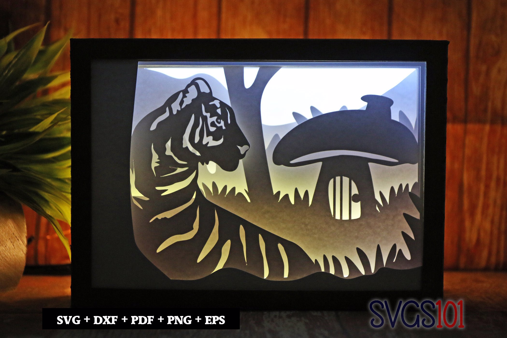 Tiger Standing Near Mushroom House Shadow Box SVG 5x7