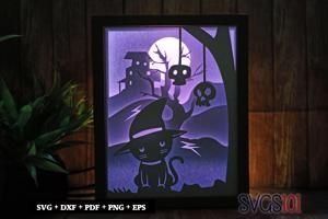 Halloween Cat with Scary House Shadow Box 8x10 Rectangle