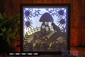 Cat with Mushroom House LED Light Box Shadow Box Square 8x8, 12x12