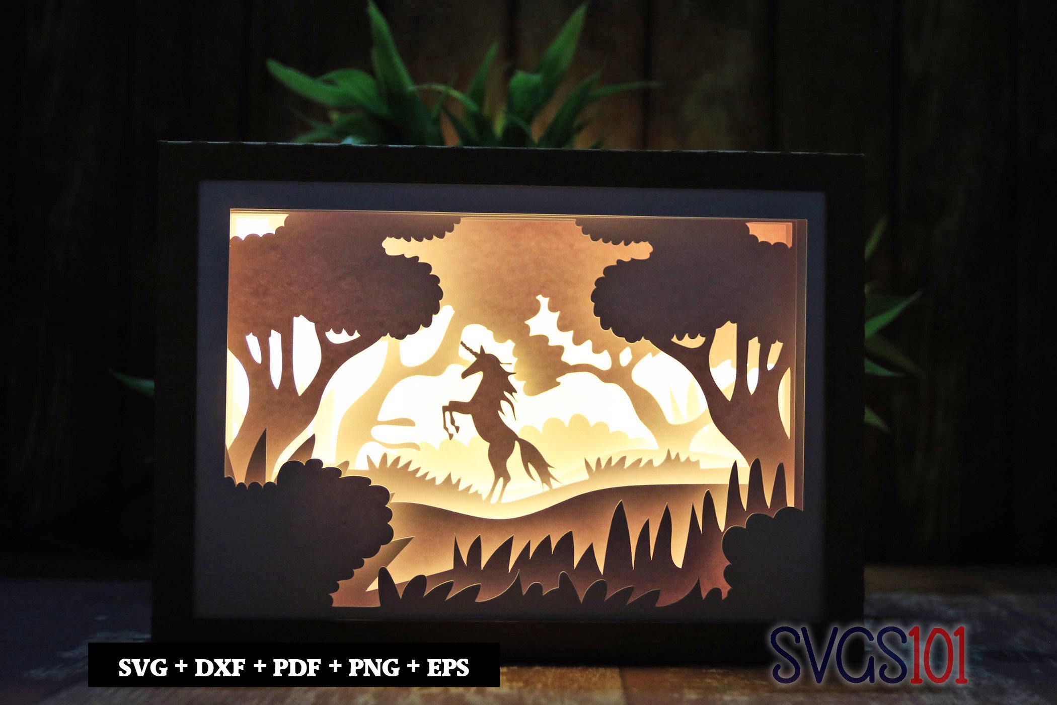 Jumping Unicorn in the Jungle Paper 3D Shadow Box SVG 5x7