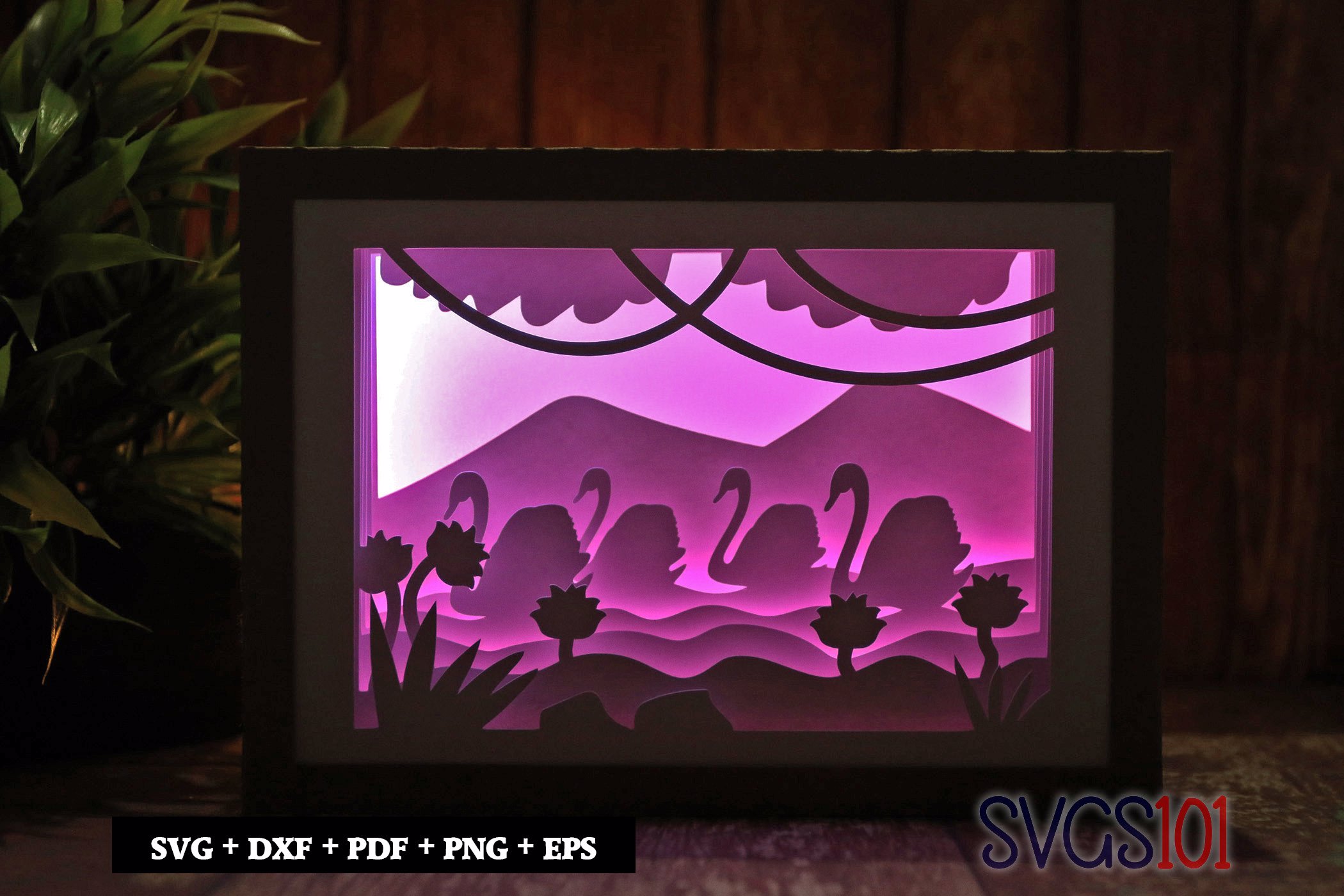 Lotus Flower and Swans DIY Shadow Box Light Box 5x7