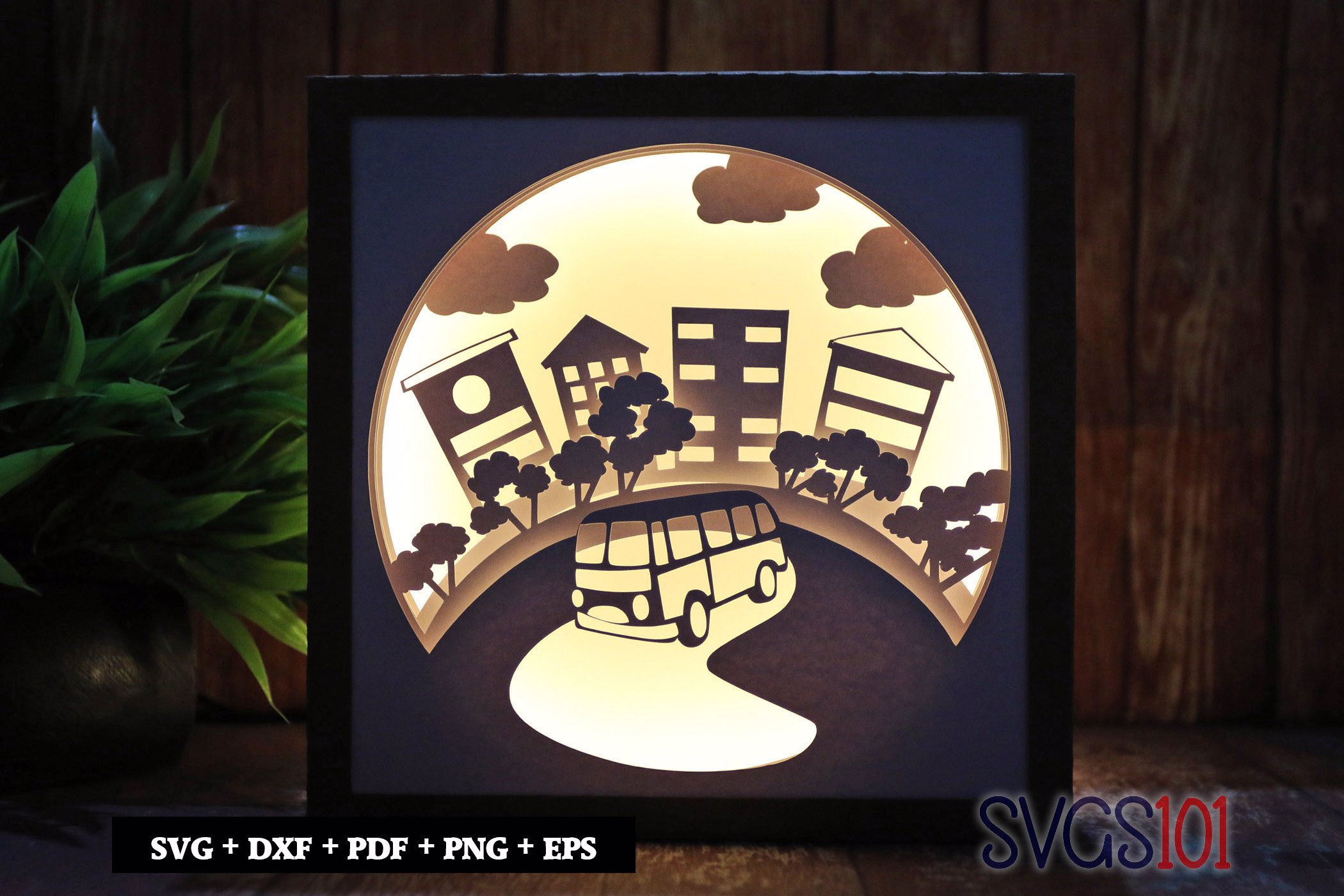 Bus City Scape Paper 3D Shadow Box SVG 8x8 12x12