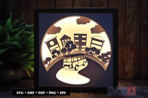 Bus City Scape Paper 3D Shadow Box SVG 8x8 12x12