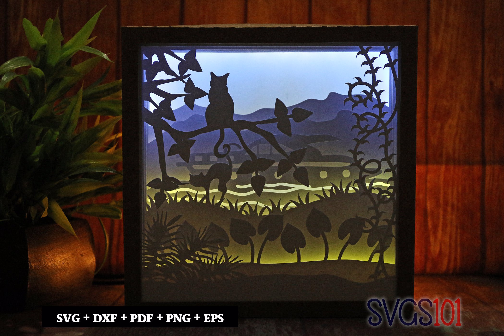 Cute Cat on Tree Square Shadow Box SVG 8x8 10x10 12x12
