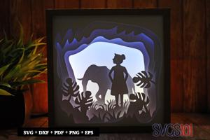 Baby Girl near an elephant Paper 3D Shadow Box SVG 8x8 12x12