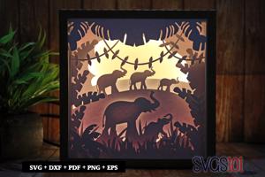 Elephant Family in Jungle Paper 3D Shadow Box SVG 8x8 12x12