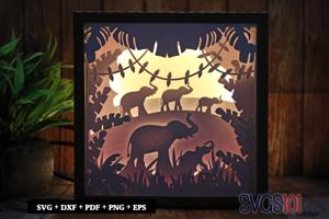 Elephant Family in Jungle Paper 3D Shadow Box SVG 8x8 12x12