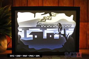 Train Crossing Bridge Paper 3D Shadow Box SVG 5x7