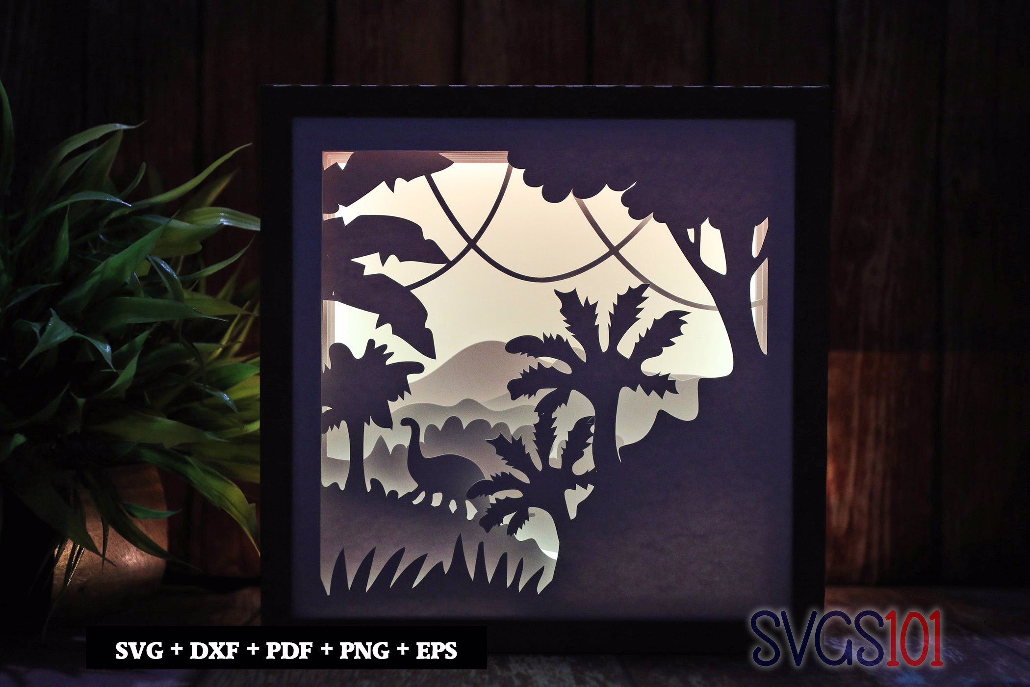Dinosaur in Jungle LED Light Box Shadow Box Square 8x8, 12x12