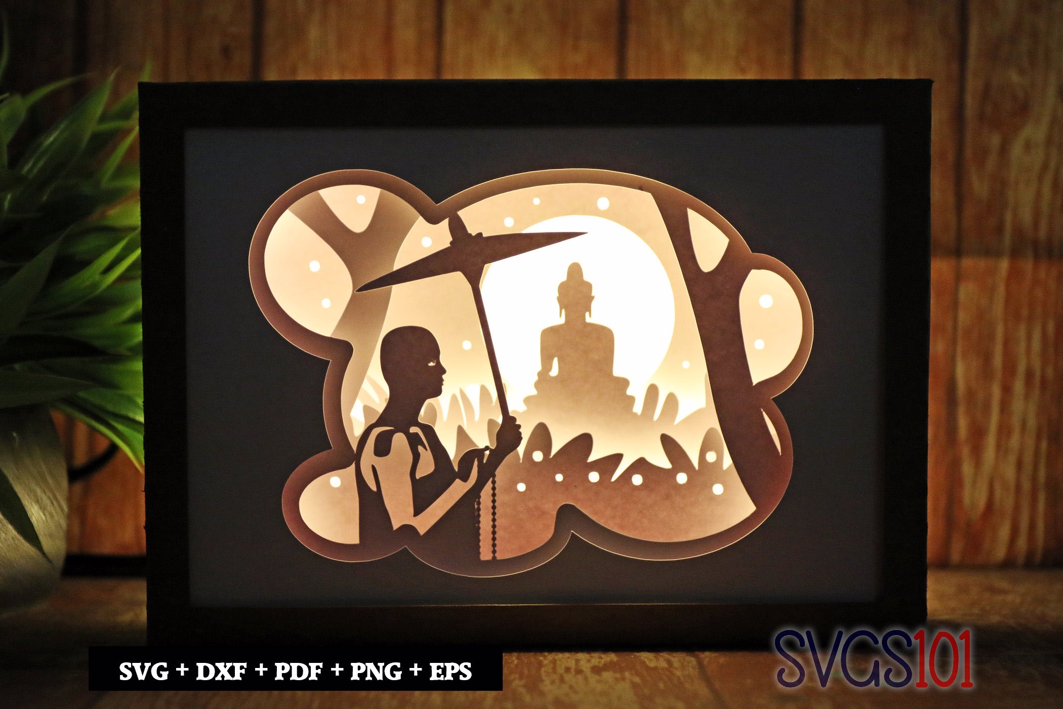 Buddha Sculpture with Monk Shadow Box SVG 5x7
